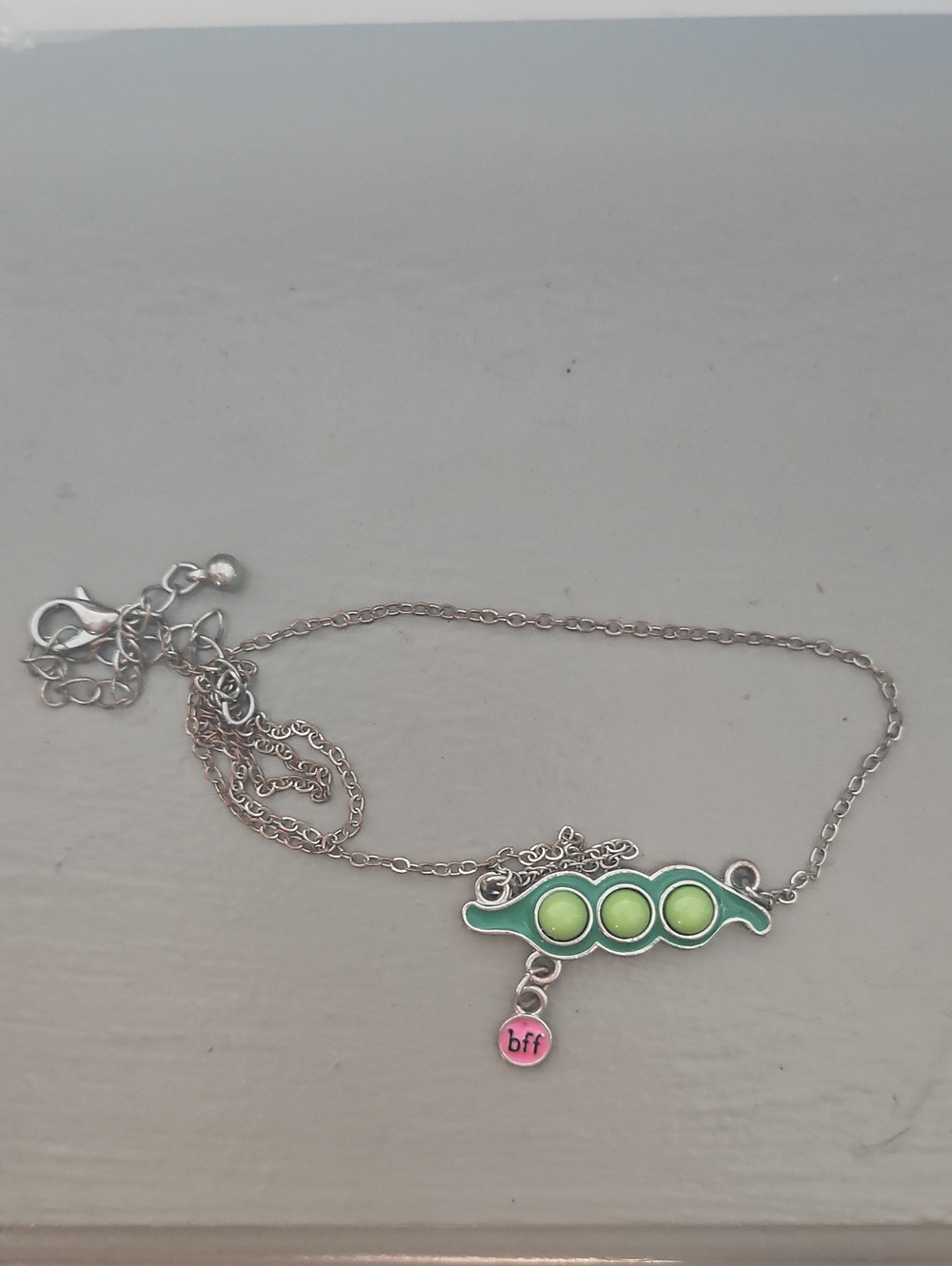 Kids Silver Pea Pod Bracelet with Green Enamel and Pink BFF Charm